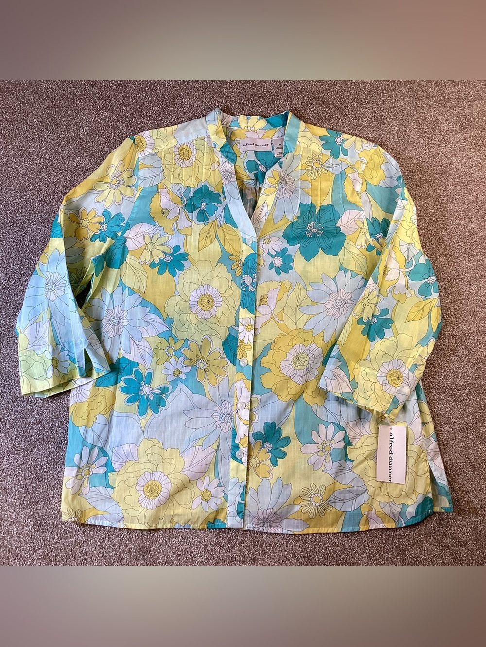Alfred Dunner Yellow & Teal Floral Sheer Cotton Tunic Top